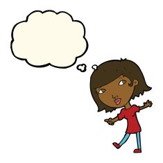 cartoon happy girl gesturing to follow with thought bubble N7