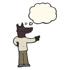 cartoon pointing wolf man with thought bubble N4