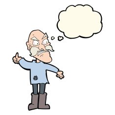 cartoon angry old man in patched clothing with thought bubble N7