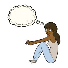 cartoon happy woman sitting with thought bubble N12