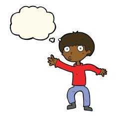 cartoon boy waving warning with thought bubble N7