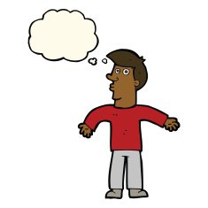 cartoon man shrugging shoulders with thought bubble N21