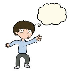cartoon boy waving warning with thought bubble N8