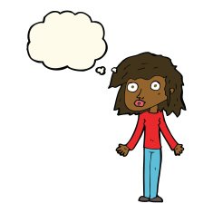 cartoon girl shrugging shoulders with thought bubble N23