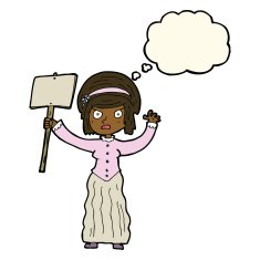 cartoon Victorian woman protesting with thought bubble N4