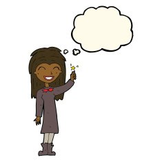 cartoon friendly witch girl with thought bubble N7