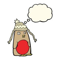 cartoon robin in hat with thought bubble N7