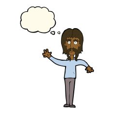 cartoon waving man with mustache thought bubble N7
