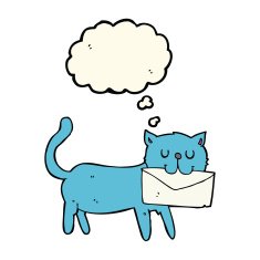 cartoon cat carrying letter with thought bubble N7