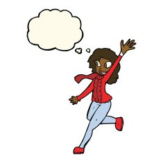 cartoon woman waving dressed for winter with thought bubble N7