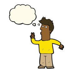 cartoon man giving peace sign with thought bubble N33