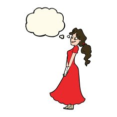 cartoon pretty woman in dress with thought bubble N30