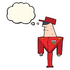 cartoon guard with thought bubble N8