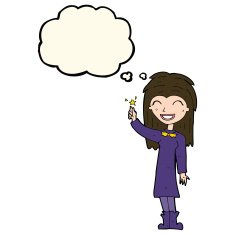 cartoon friendly witch girl with thought bubble N8