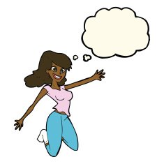 cartoon jumping woman with thought bubble N7