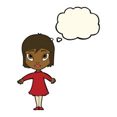 cartoon girl in dress with thought bubble N7