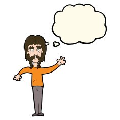 cartoon waving man with mustache thought bubble N8