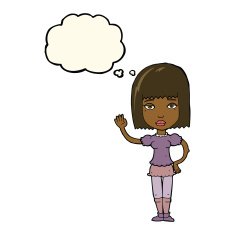 cartoon woman waving with thought bubble N250