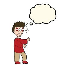 cartoon terrified boy with thought bubble N8