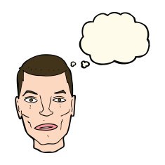 cartoon serious male face with thought bubble N8