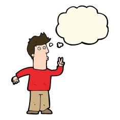cartoon man giving peace sign with thought bubble N34