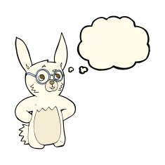 cartoon rabbit wearing spectacles with thought bubble N8