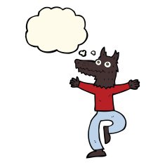 cartoon wolf man with thought bubble N26
