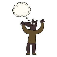 cartoon wolf man with thought bubble N27