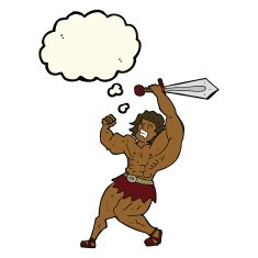 cartoon barbarian hero with thought bubble N5