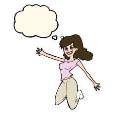 cartoon jumping woman with thought bubble N8