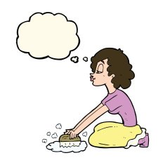 cartoon woman scrubbing floor with thought bubble N6