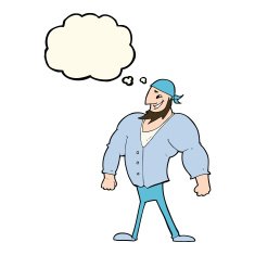cartoon manly sailor man with thought bubble N6