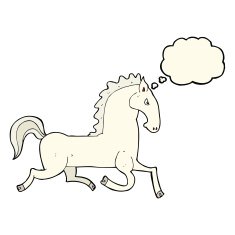 cartoon running white stallion with thought bubble N4