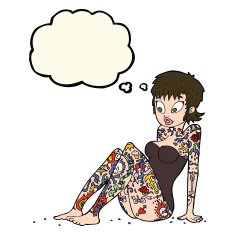 cartoon tattoo girl in swimsuit with thought bubble N6