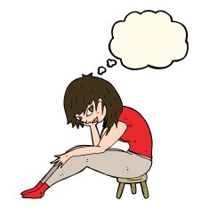 cartoon woman sitting on small stool with thought bubble N8