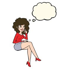 cartoon office woman sitting with thought bubble N8