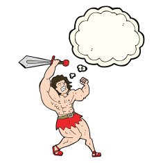 cartoon barbarian hero with thought bubble N6
