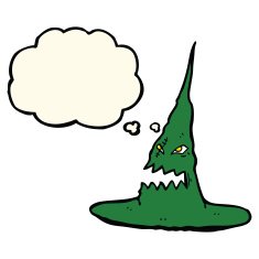 cartoon spooky witches hat with thought bubble N8