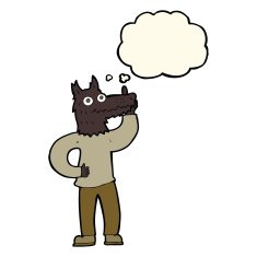 cartoon werewolf with idea thought bubble N3