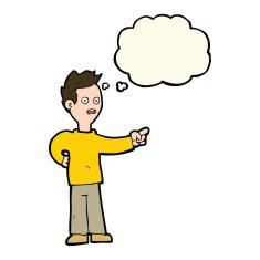 cartoon shocked boy pointing with thought bubble N7