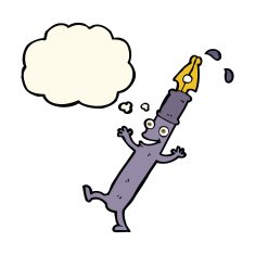 cartoon pen character with thought bubble N7