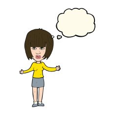 cartoon woman shrugging shoulders with thought bubble N336