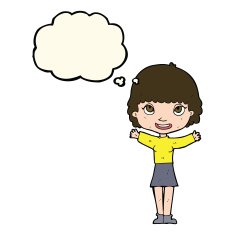 cartoon woman waving with thought bubble N254