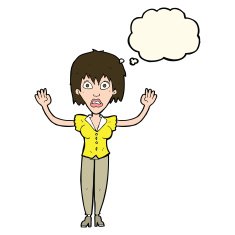 cartoon woman stressing out with thought bubble N14