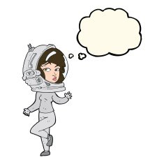 cartoon woman wearing space helmet with thought bubble N12
