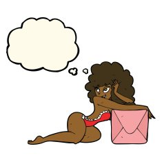 cartoon pin up woman with box thought bubble N6