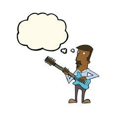 cartoon man playing electric guitar with thought bubble N13