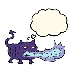 cartoon fire breathing imp with thought bubble N6