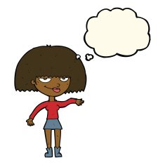 cartoon smug woman making dismissive gesture with thought bubble N7