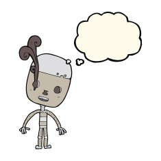 cartoon sad robot with thought bubble N7